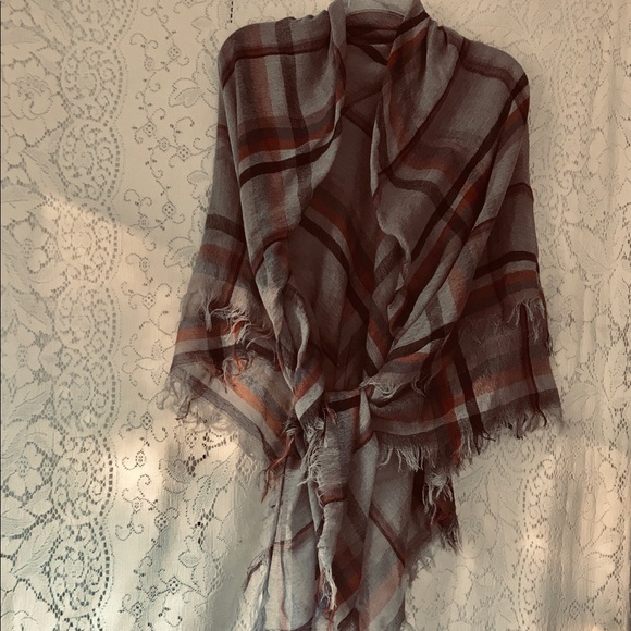 Boho Fringed Shawl Wrap Scarf Gray Rust Navy Plaid - Picture 4 of 12